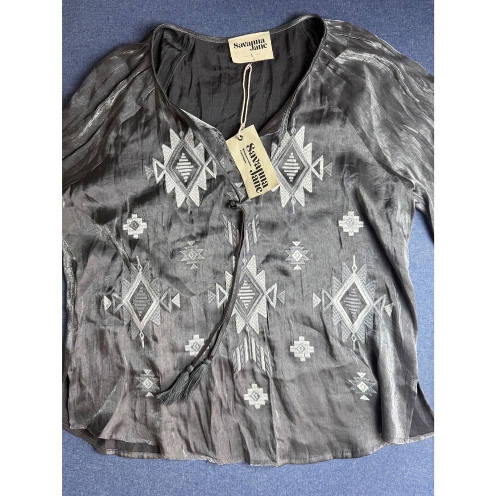 Savanna Jane Womens Gray Metallic Embroidered Boho Blouse Long Sleeve Large NEW